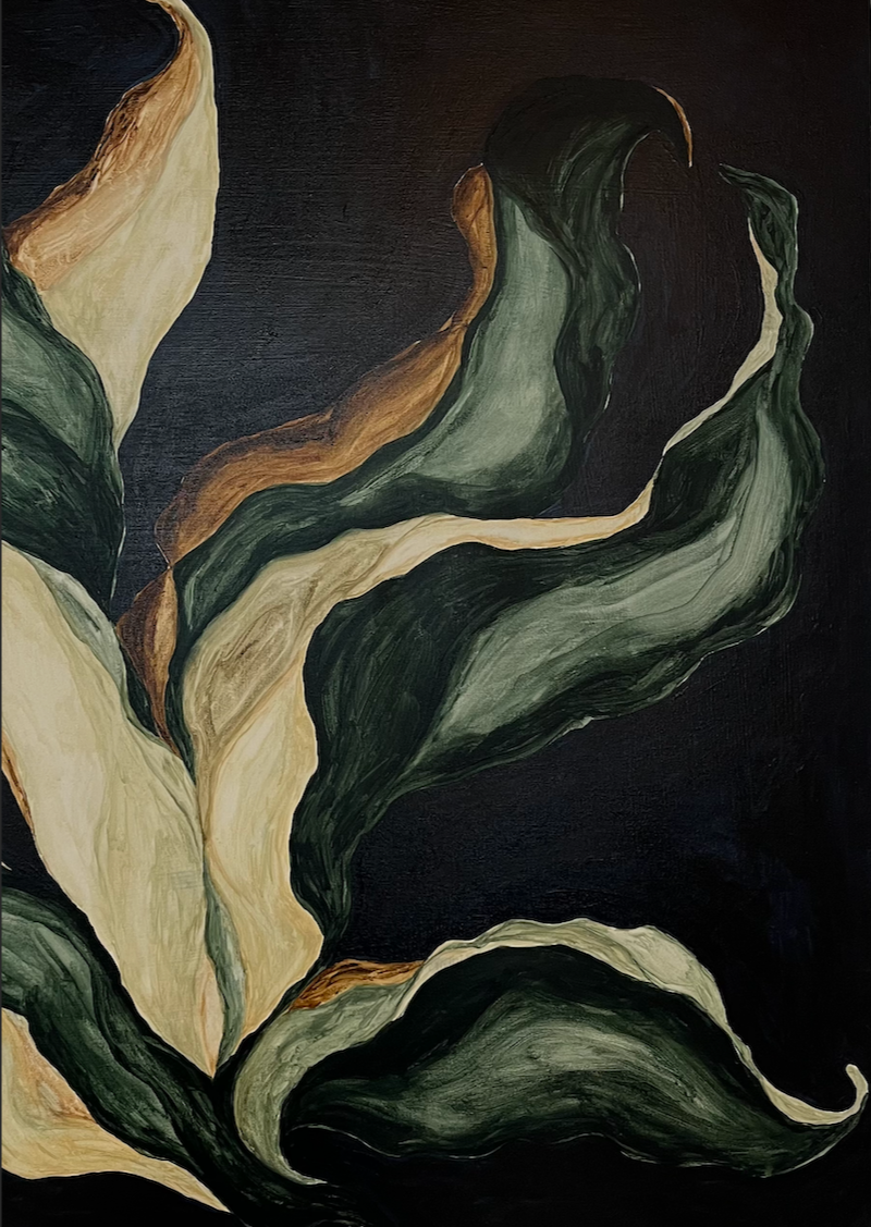 Abstract painting by Anna Mörner featuring a vibrant green plant set against a deep, dark blue background. Inspired by Scandinavian autumn, this artwork symbolizes growth, resilience, and the beauty of nature's renewal in cooler seasons. Perfect for art lovers seeking Nordic-inspired decor with rich, earthy colors and themes of natural transformation.