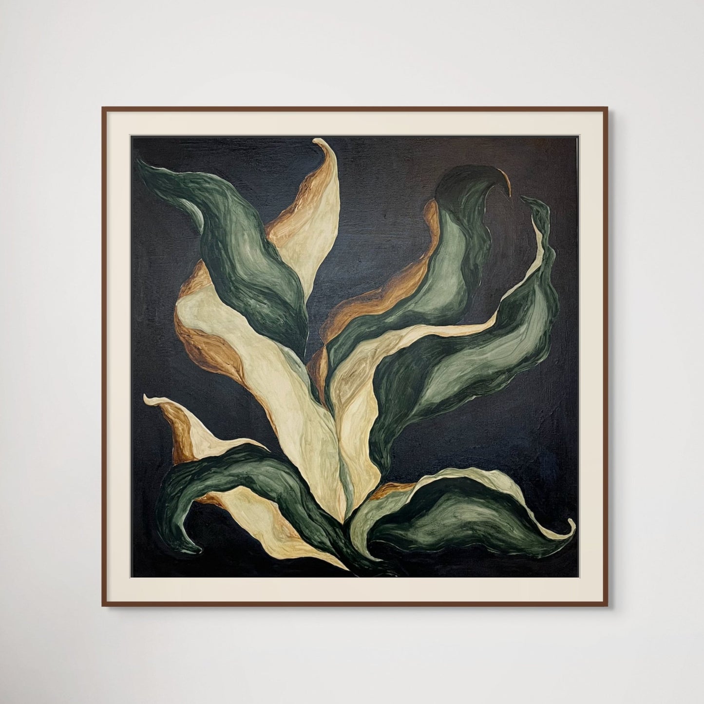 Abstract painting by Anna Mörner featuring a vibrant green plant set against a deep, dark blue background. Inspired by Scandinavian autumn, this artwork symbolizes growth, resilience, and the beauty of nature's renewal in cooler seasons. Perfect for art lovers seeking Nordic-inspired decor with rich, earthy colors and themes of natural transformation.